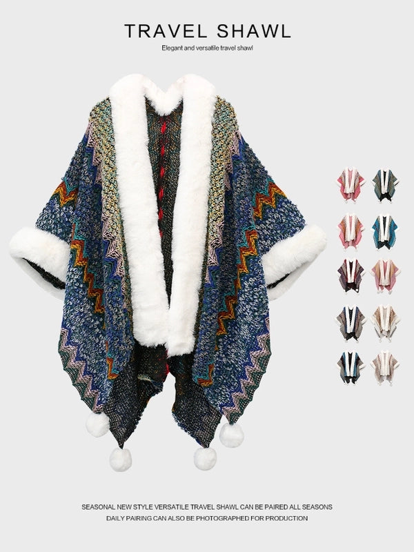 Women's Retro Multicolor Knit Patchwork Shawl