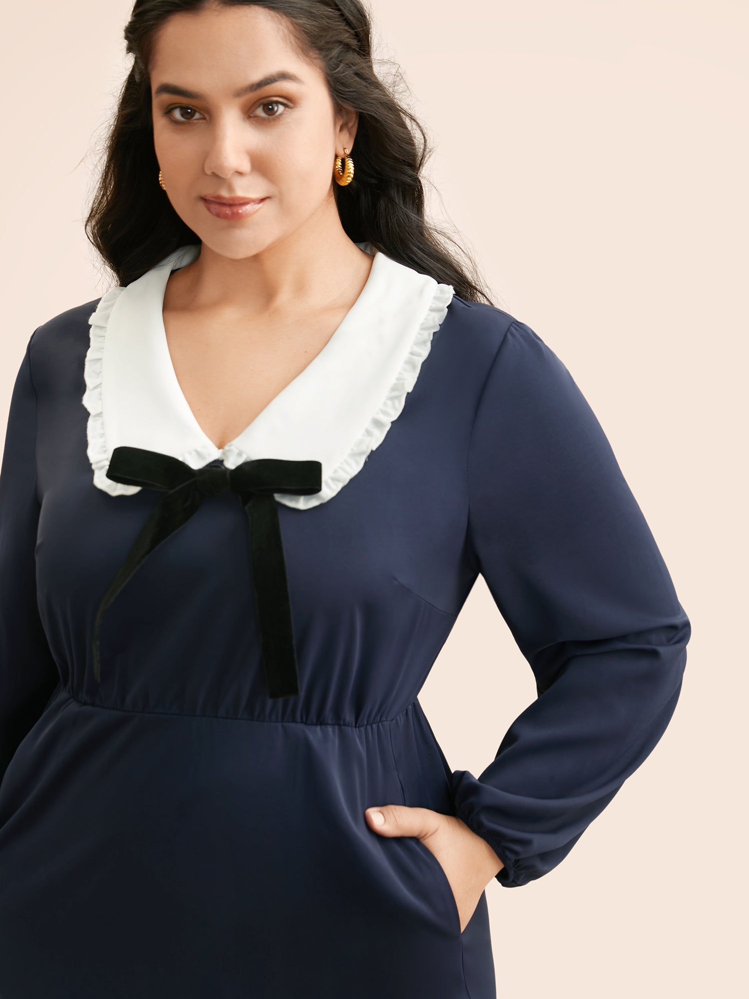 Lapel Collar Bowknot Frill Trim Dress