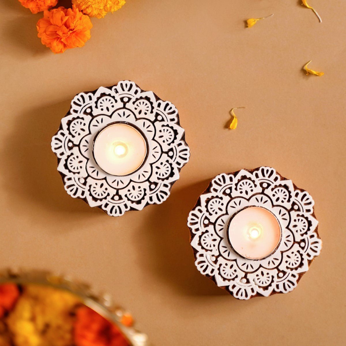 Handmade Floral Mandala Tea Light Holder Set Of 2