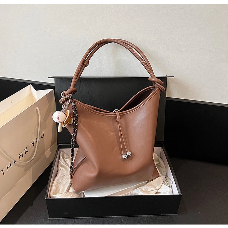 Women's Pu Leather Solid Color Basic Sewing Thread Bucket Hook Loop Shoulder Bag Bucket Bag