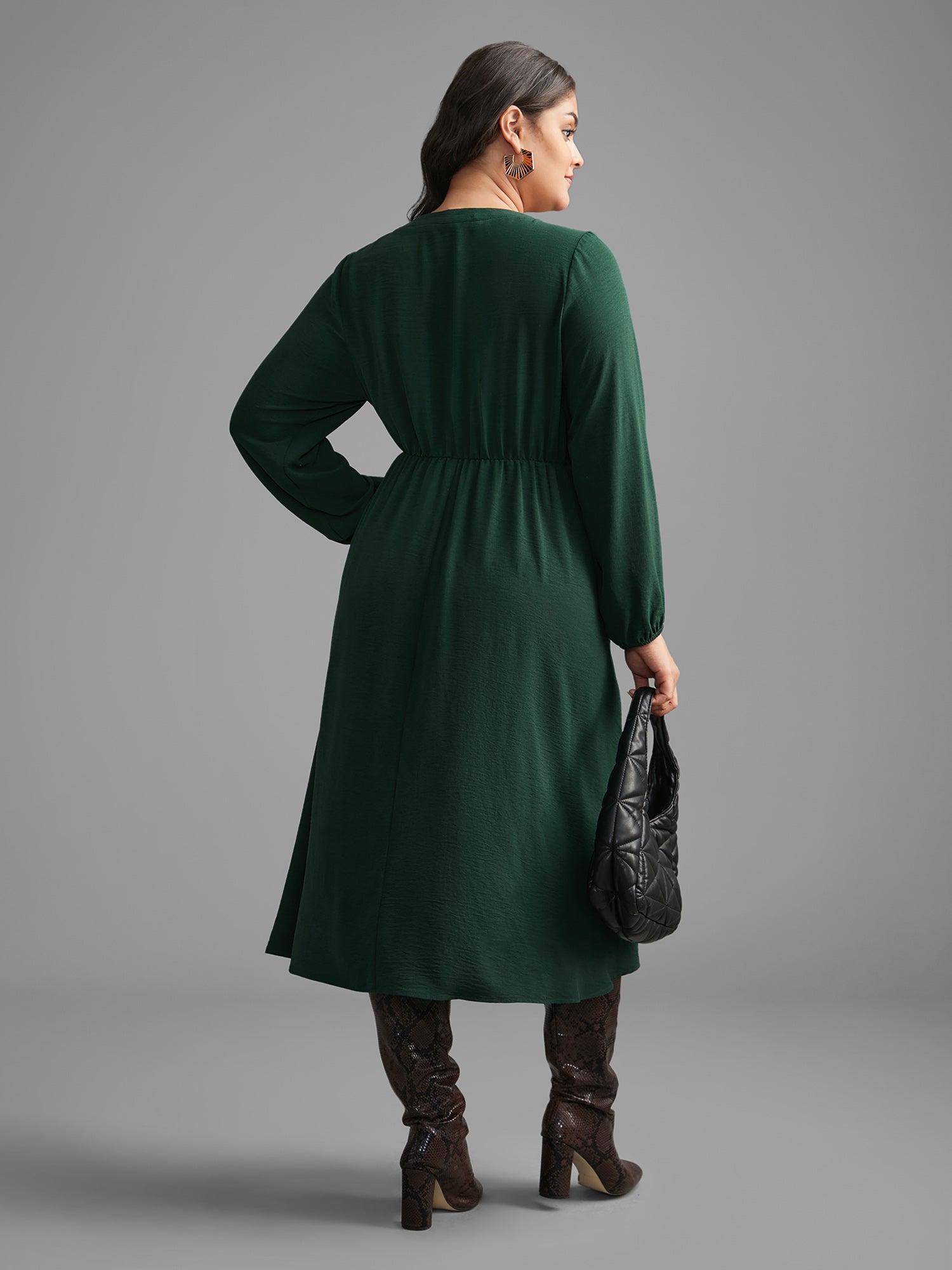 Plain Notched Pleated Midi Dress