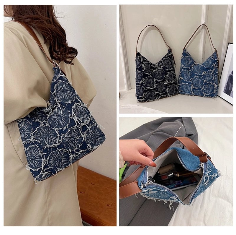 Women's Large Denim Flower Basic Square Zipper Shoulder Bag