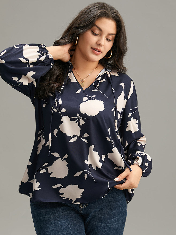 Silhouette Floral Print Stand Collar Tie Neck Blouse
