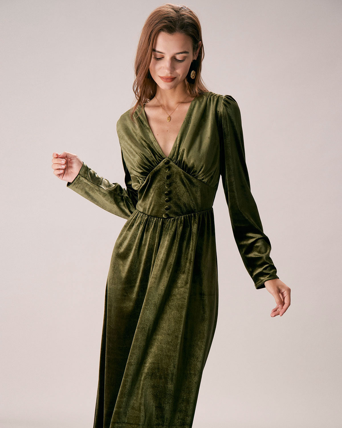 The Green V Neck Velvet Ruched Midi Dress