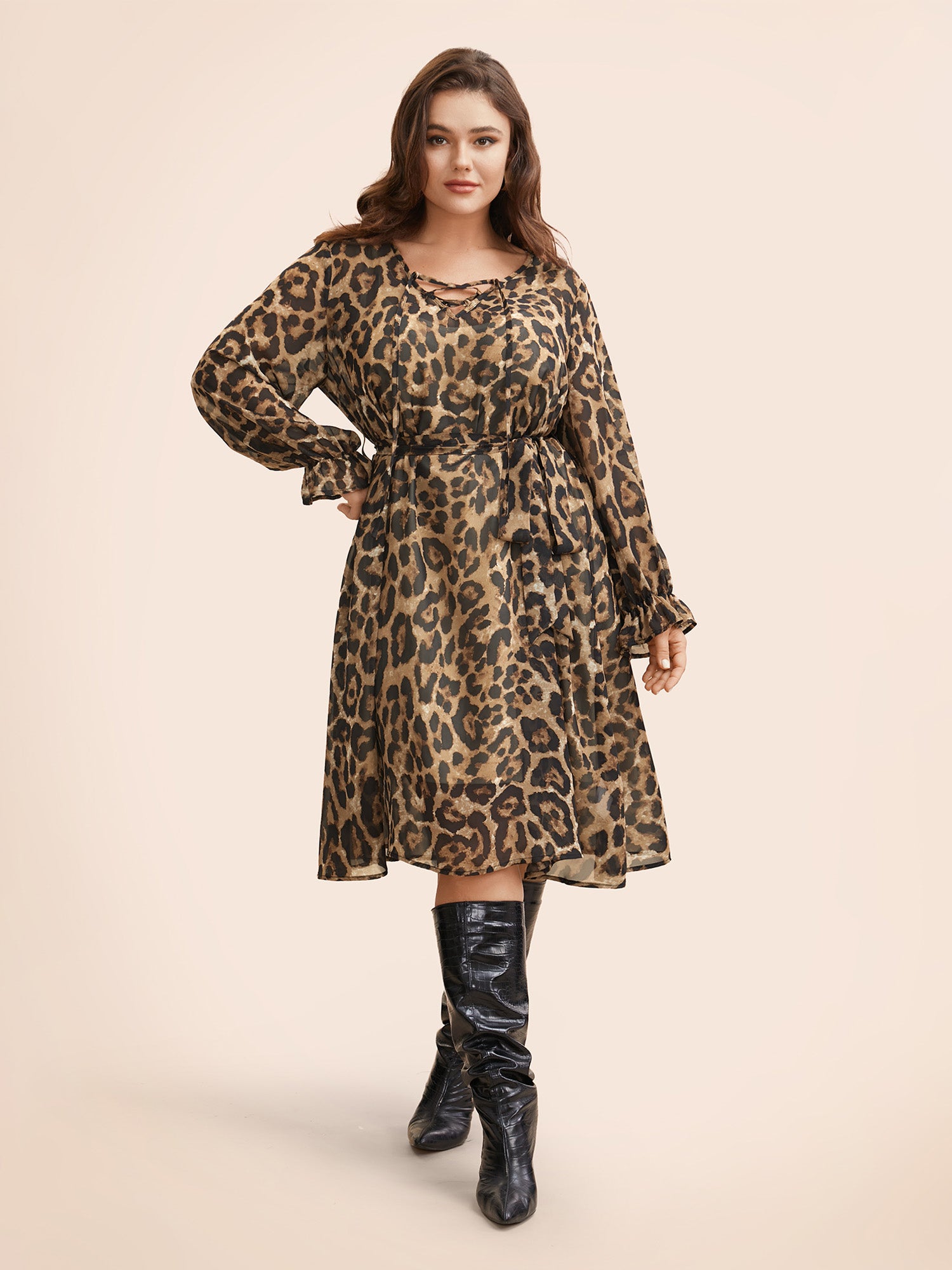 Leopard Print Lace Up Lantern Sleeve Dress