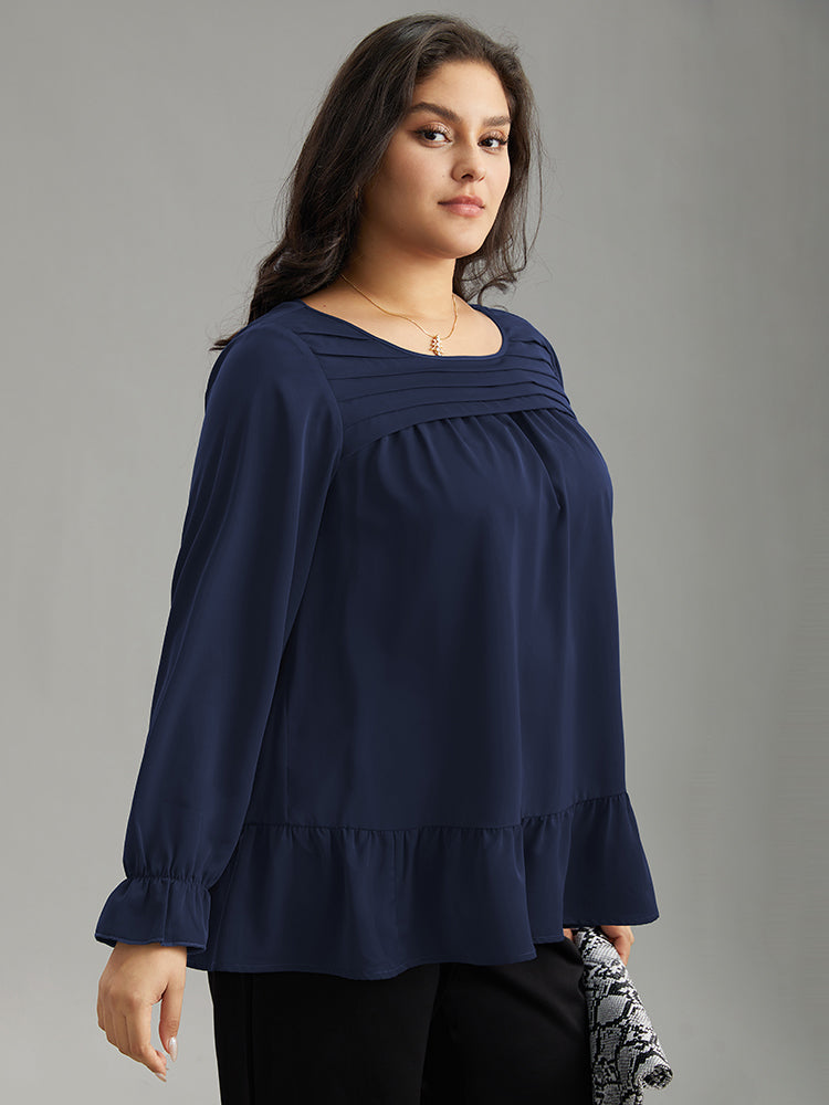 Static-Free Plain Pleated Ruffles Lantern Sleeve Blouse