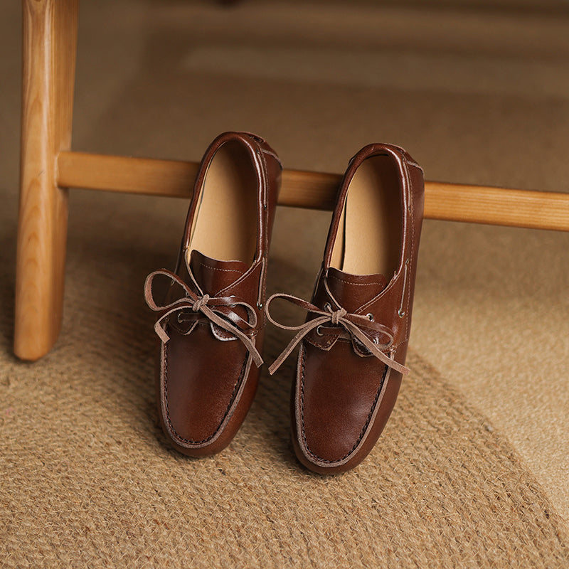 Vintage Leather Lace-Up Loafers Round Toe Flat Oxford Shoes in Light Brown/Deep Brown/Caramel/Apricot