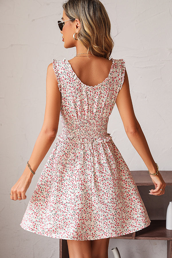 Smocked Waist Floral Print Casual Dress