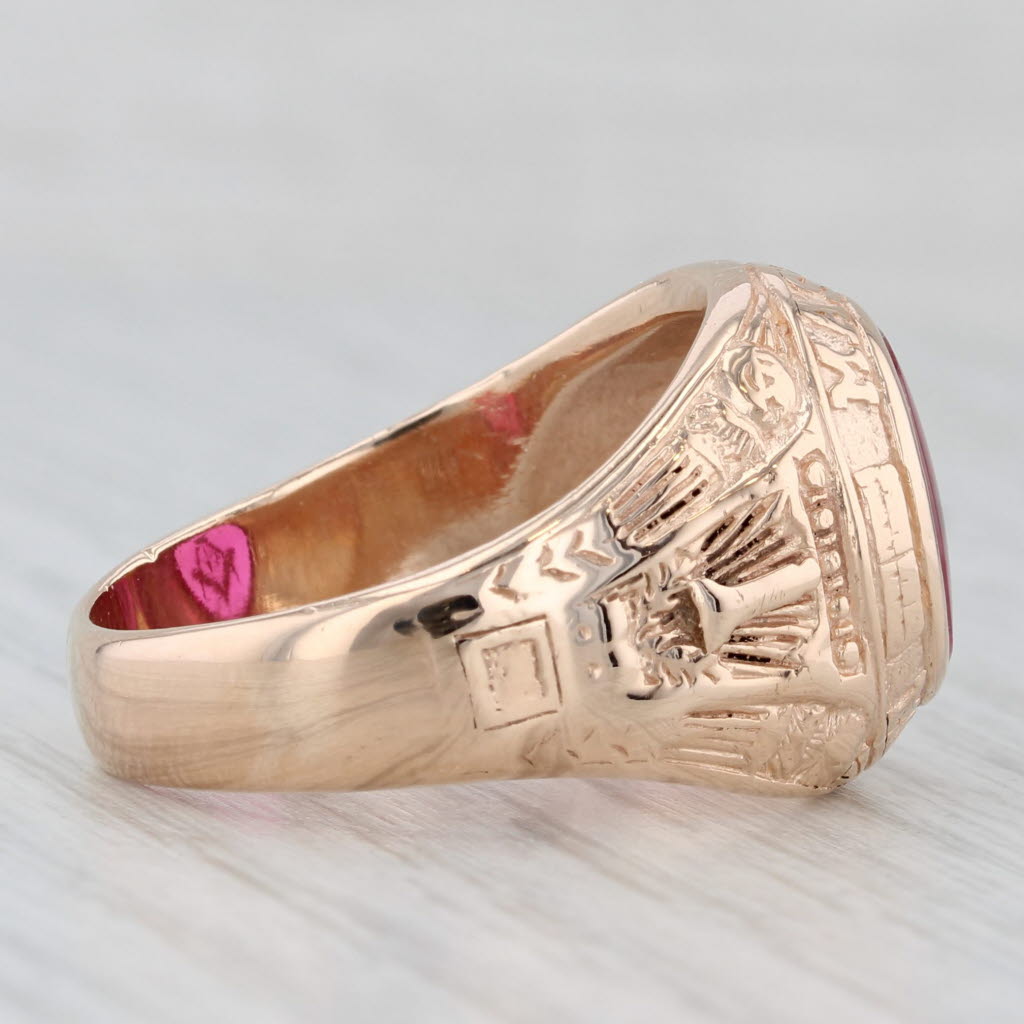 Vintage Masonic Signet Ring 10k Gold Lab Created Ruby Square Compass Blue Lodge