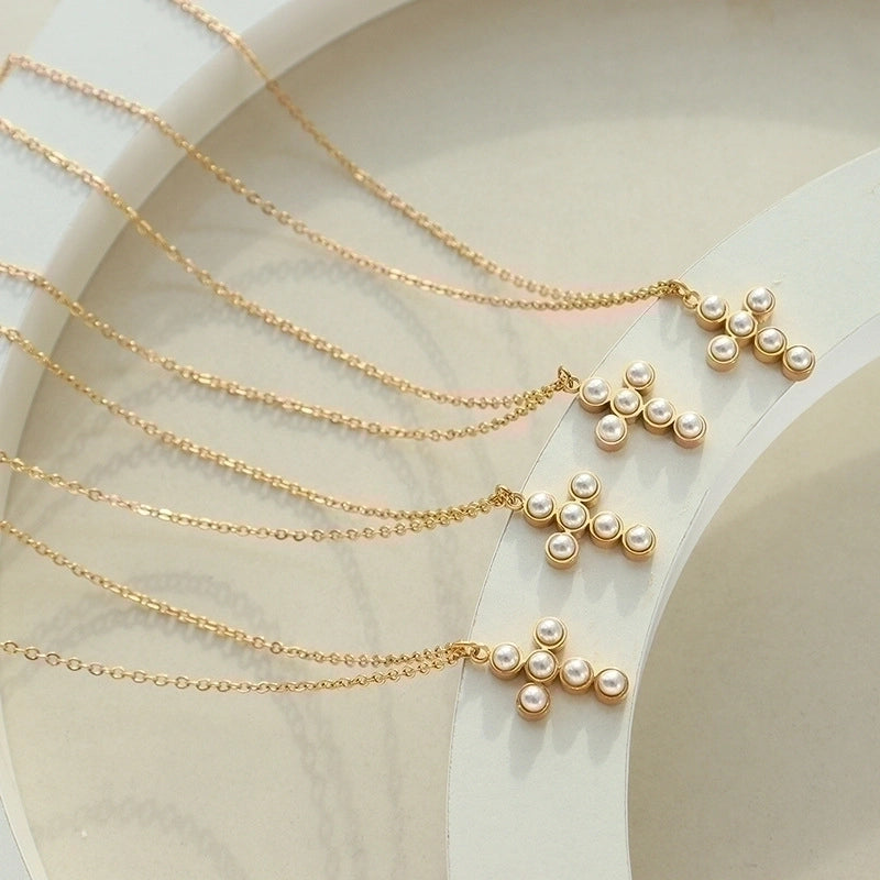 Minimalist Cross 304 Stainless Steel Artificial Pearls 18K Gold Plated Plating Inlay Pendant Necklace
