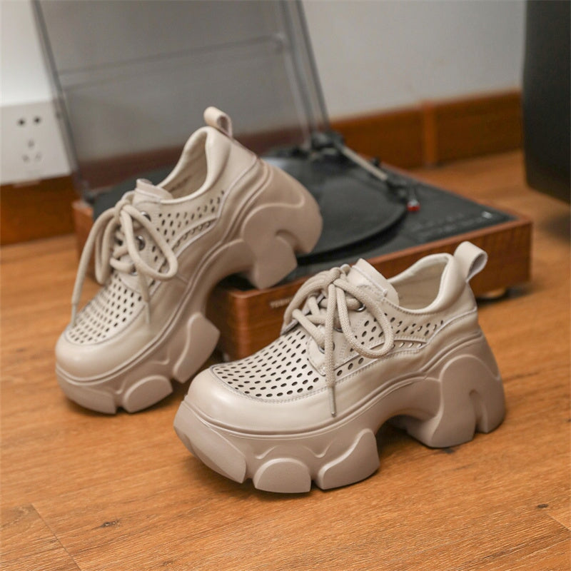 Womens Handmade Leather Platform Oxfords For Summer Perforated Design in Beige/Khaki/Black