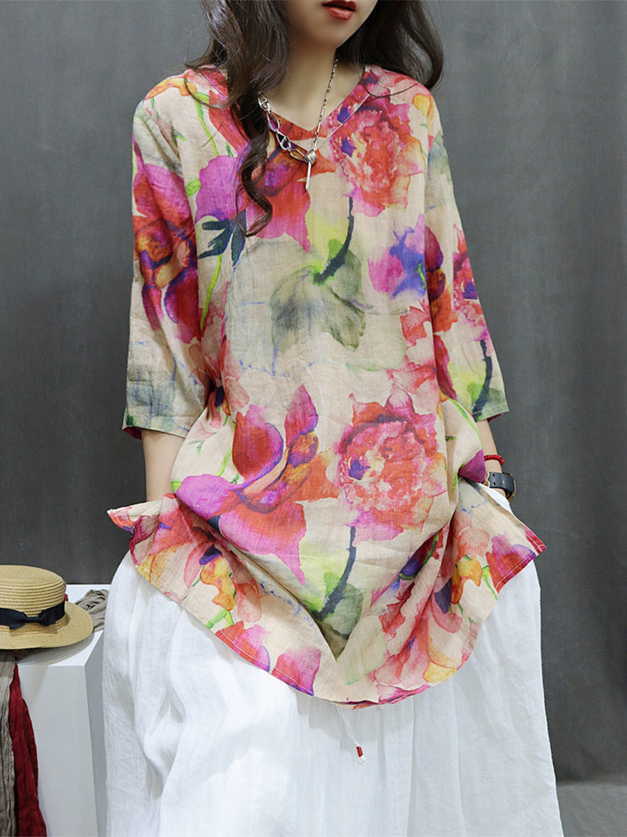 Plus Size Women Spring Vintage Flower V-Neck 100%Ramie Shirt