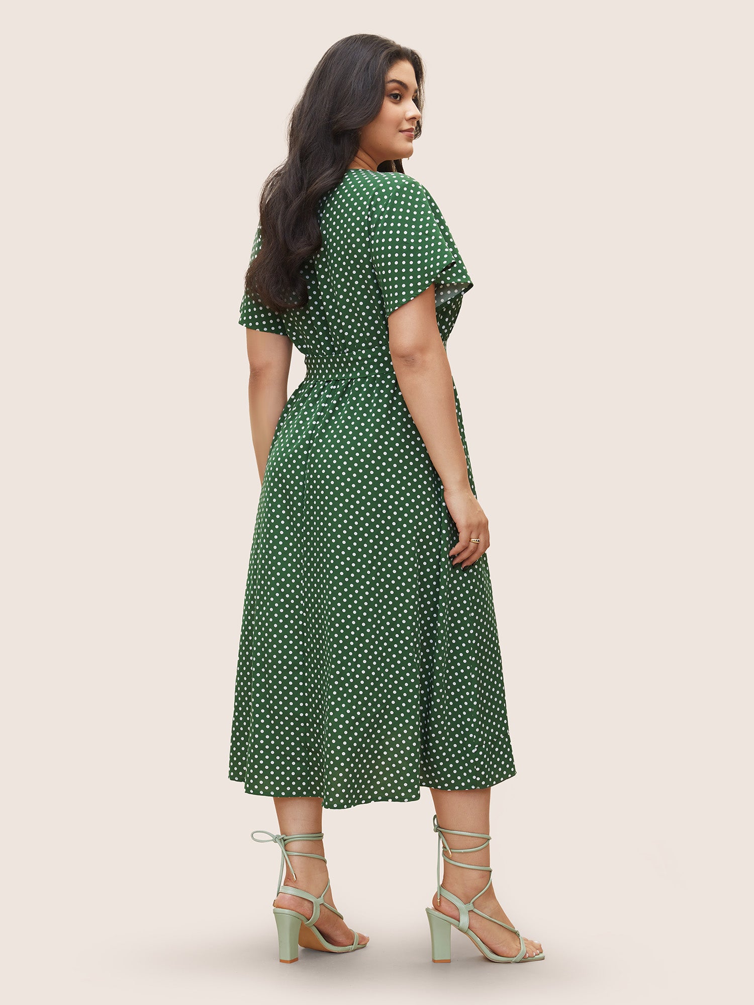 Polka Dot Flutter Trim Belted Overlap Collar Dress