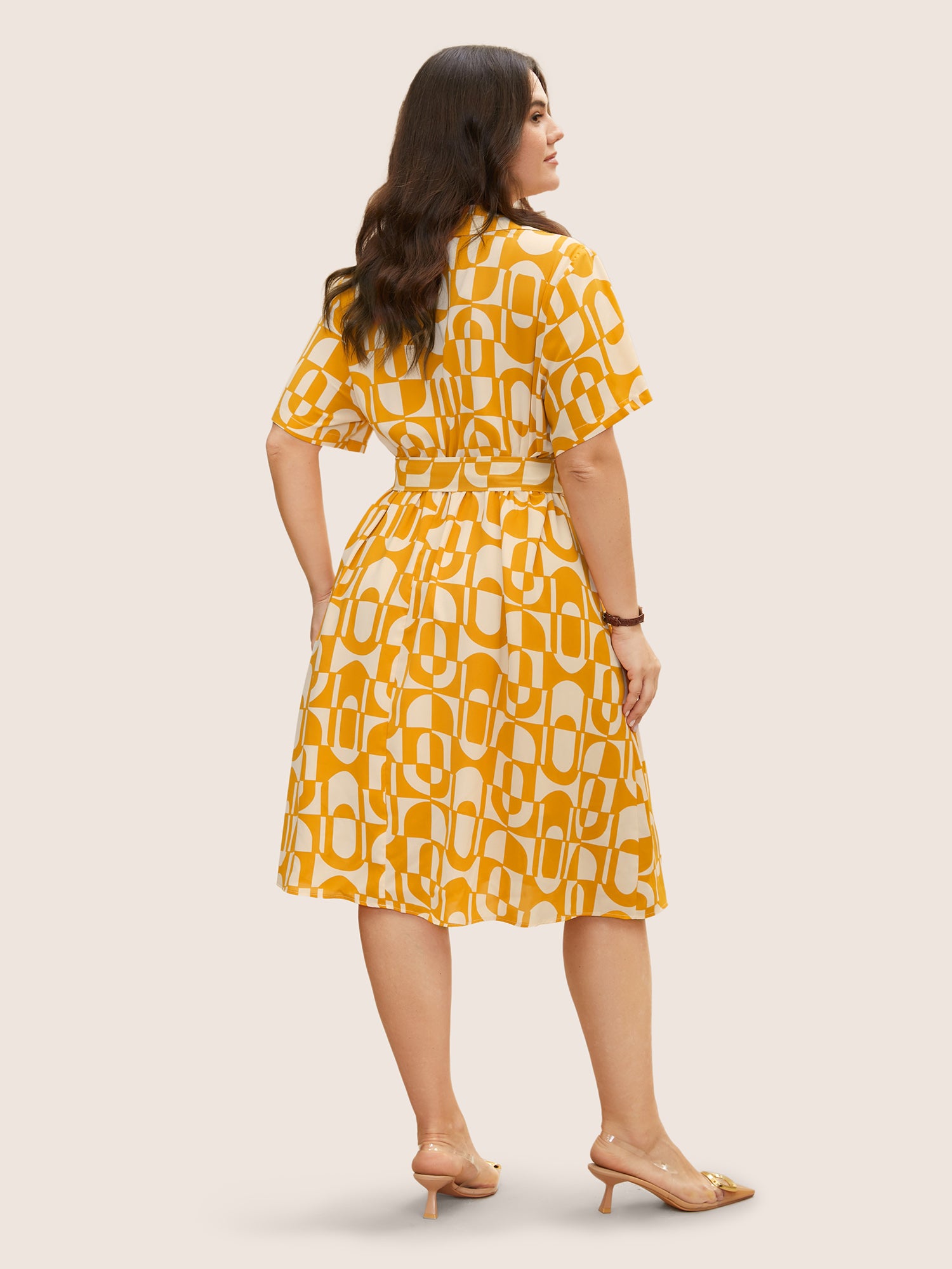 Overlap Collar Geometric Belted Midi Dress