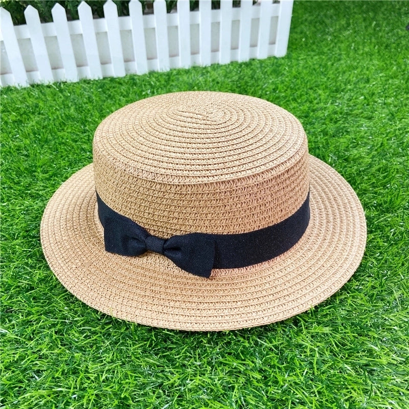 Straw Hat Shading Hat Summer Flat-brimmed Bow Straw Flat Top Hat