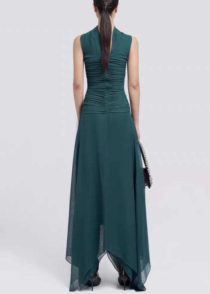 Slim Fit Dark Green Cold Shoulder Wrinkled Cotton Maxi Dresses Sleeveless