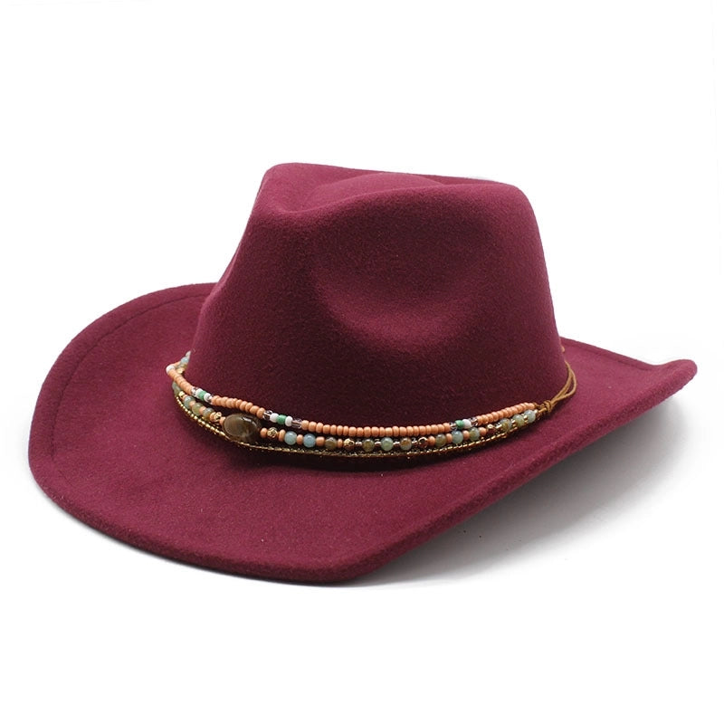 New Curling Cowboy Hat Western Ethnic Style Tibetan Felt Hat Colorful Bead Rope Accessories Knight Hat Fashion