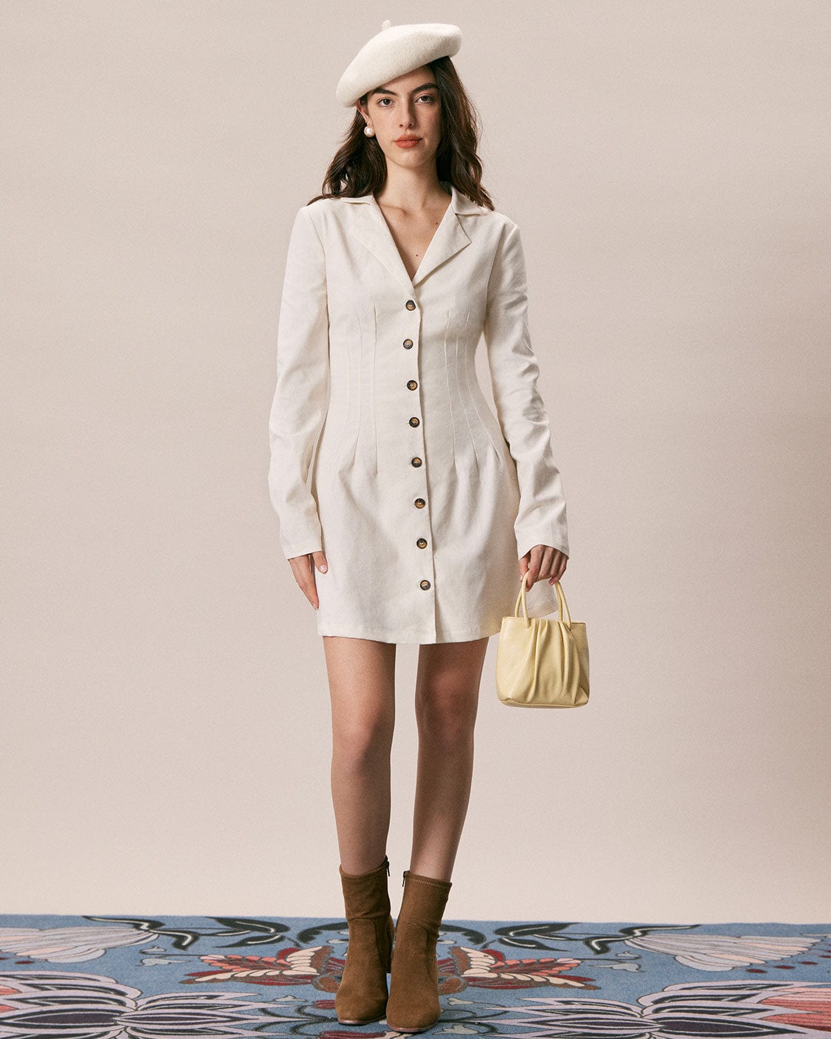 The Beige Lapel Button A Line Mini Dress
