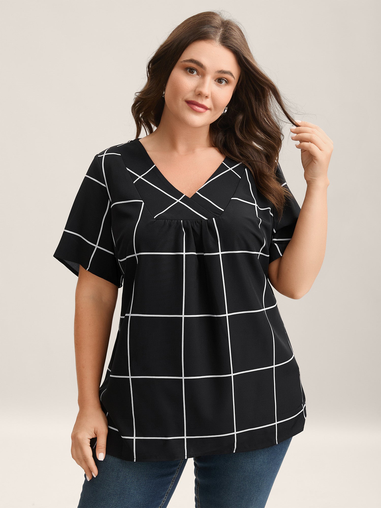 Plaid Crumpled V-Neck Fitted Shirt