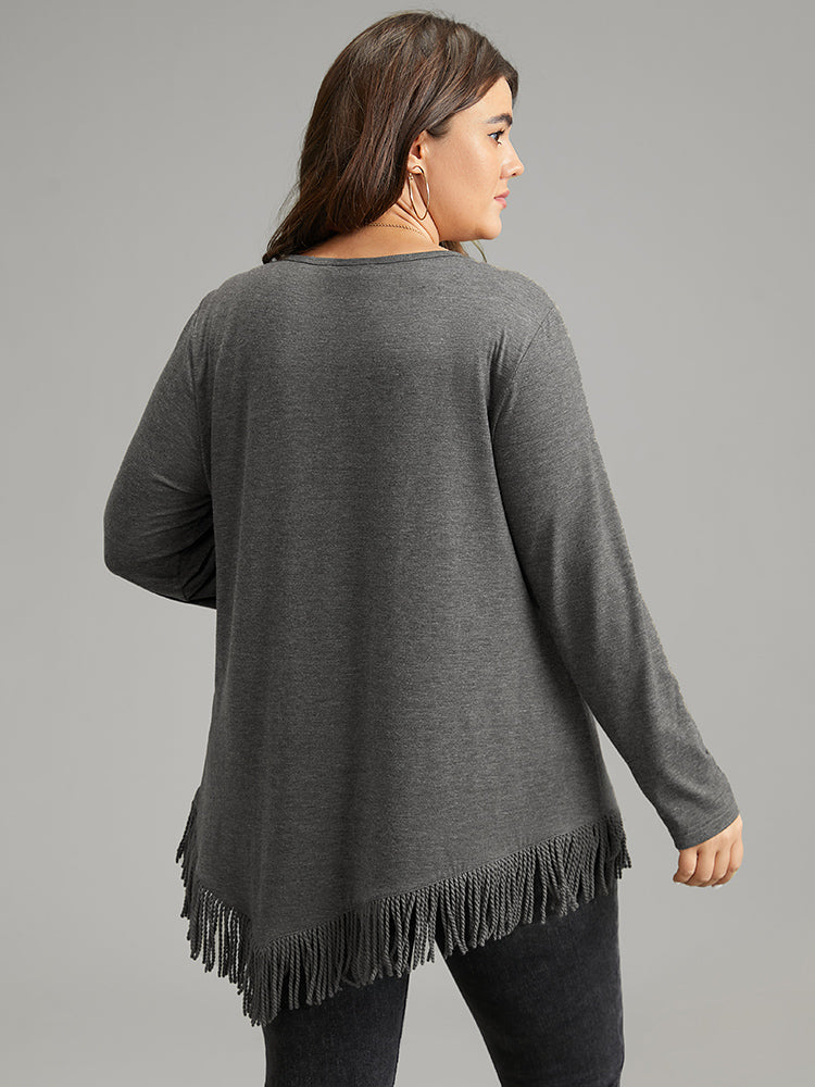 Plain Tassels Trim Hem Long Sleeve T-shirt