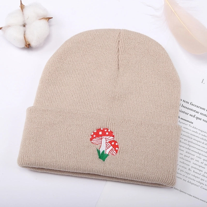 Unisex Basic Minimalist Mushroom Embroidery Eaveless Wool Cap