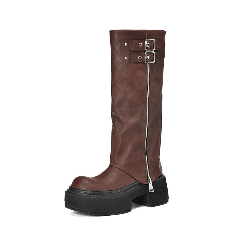Women's Round Toe Folded Leather High-Calf Boots With Double Buckle in Black/Dark Brown