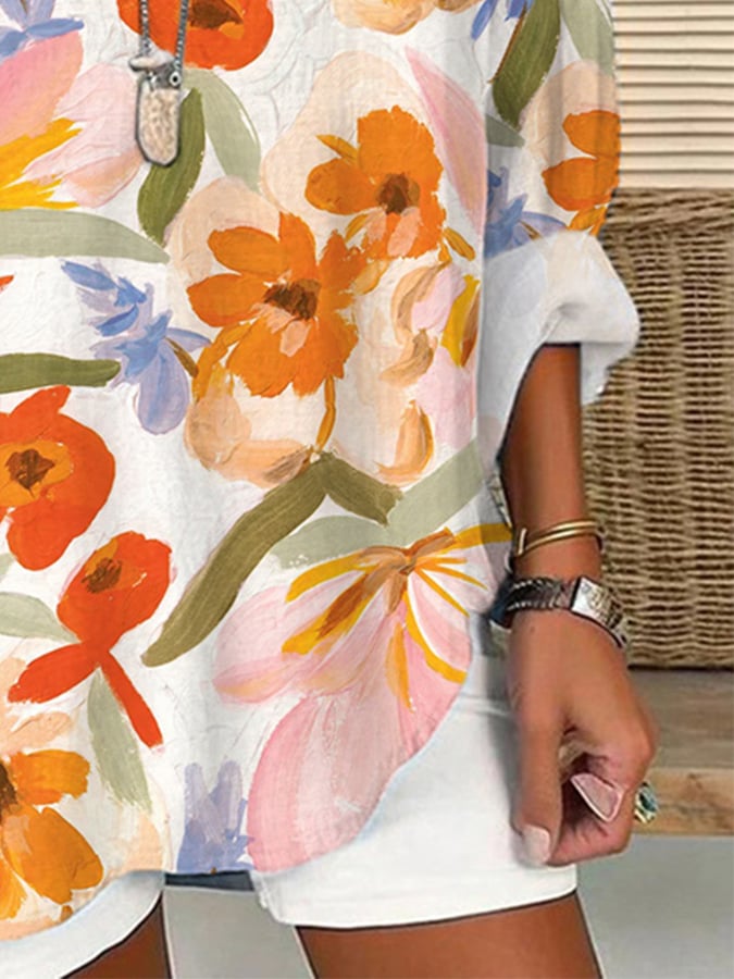 Women's Retro Floral Loose Casual Long Sleeve V-Neck Shirt