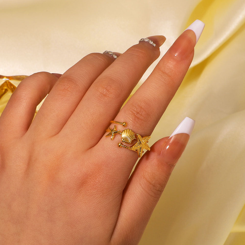 Fashionable Double-Layer Hollow Starfish Scallop Texture Matte Stainless Steel Ring For Gift