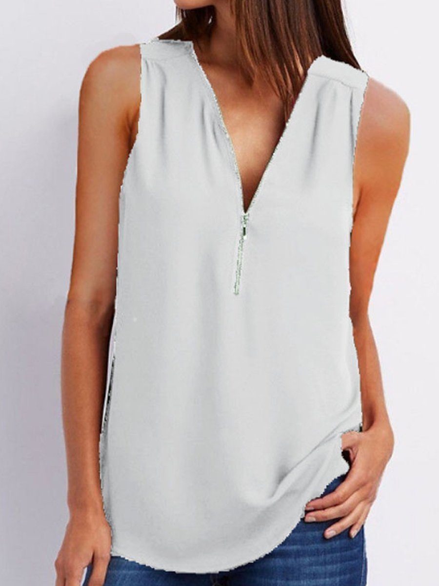 V-Neck  Zips  Plain  Sleeveless Tops