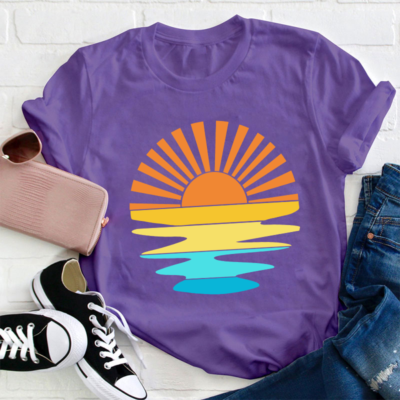 Retro Sunset Rays Wavy Teacher T-Shirt