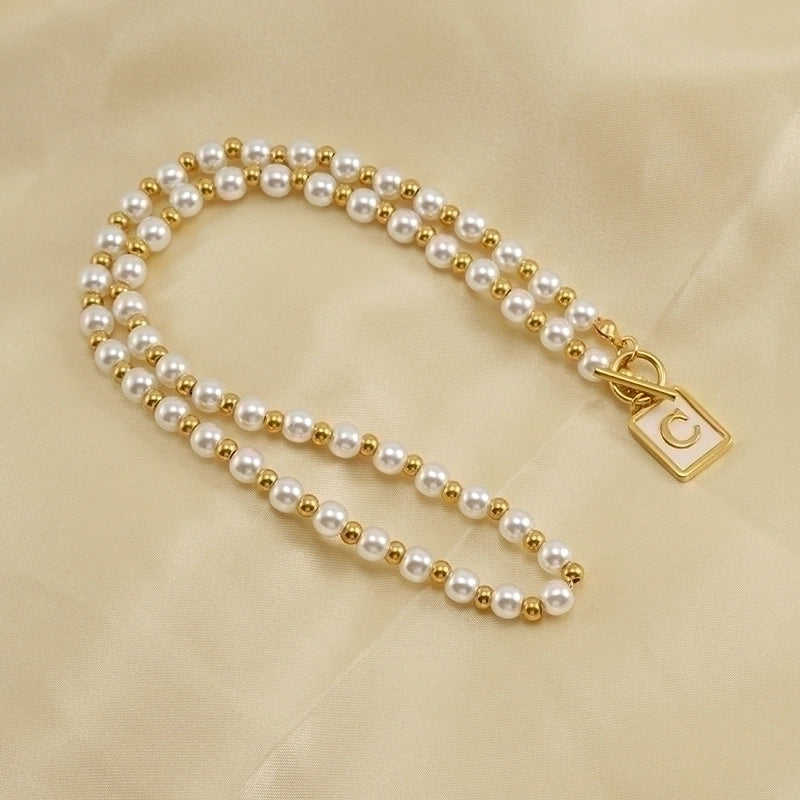 Stainless Steel 18K Gold Plated Elegant French Style Pearl Plating Inlay Letter Shell Pendant Necklace