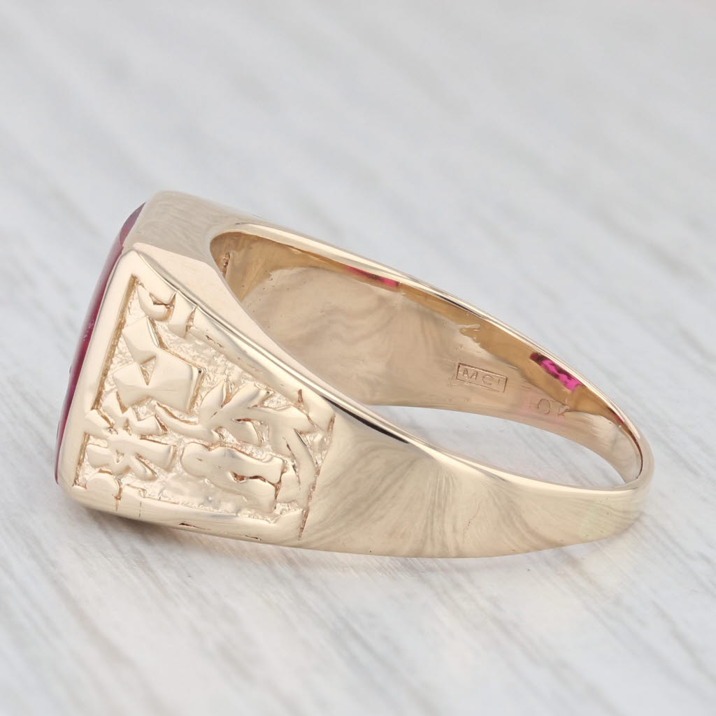 Masonic Nugget Signet Diamond Synthetic Ruby 10K Yellow Gold Ring Size 12
