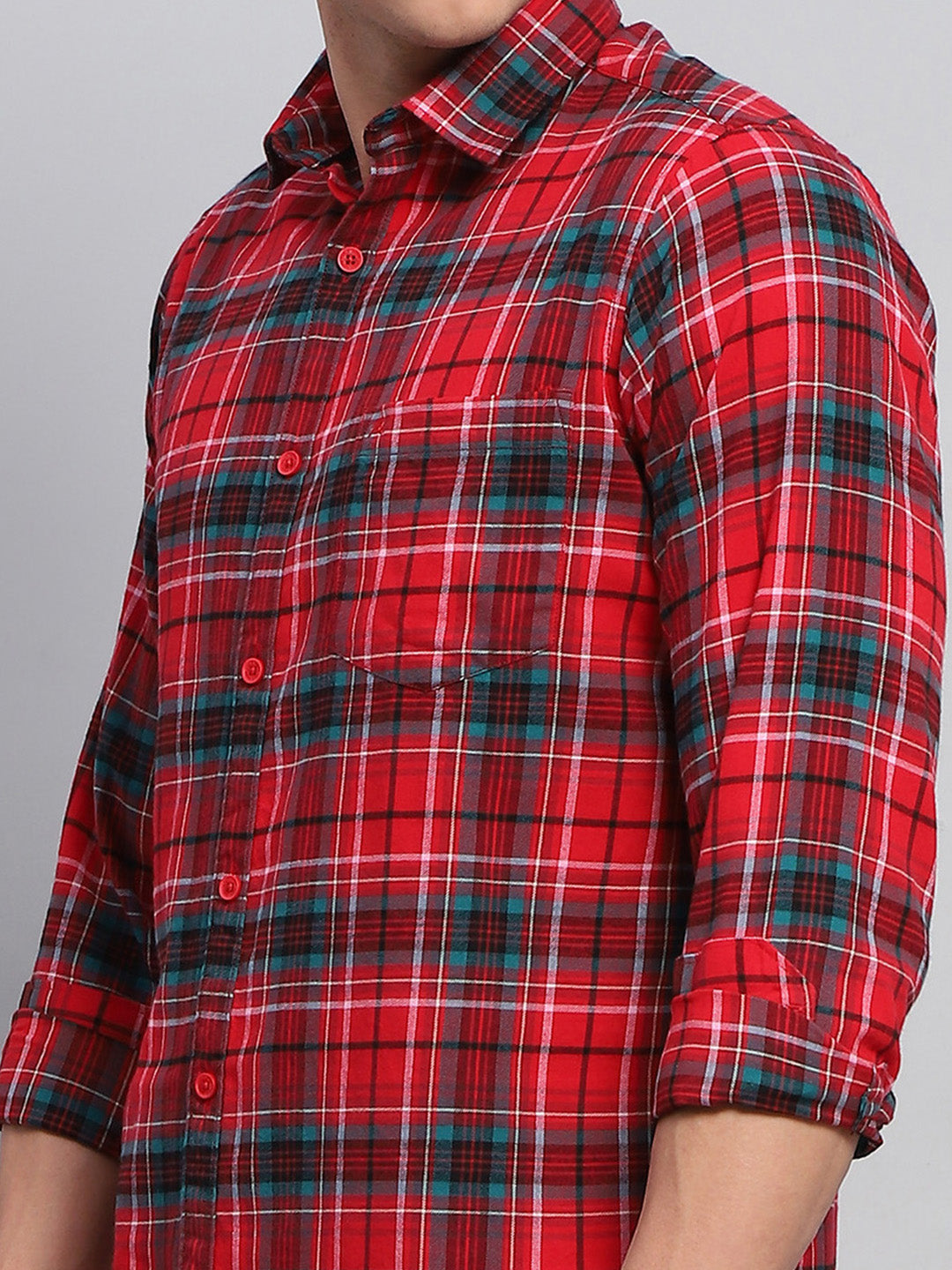 Men Red Check Collar Full Sleeve Shirt