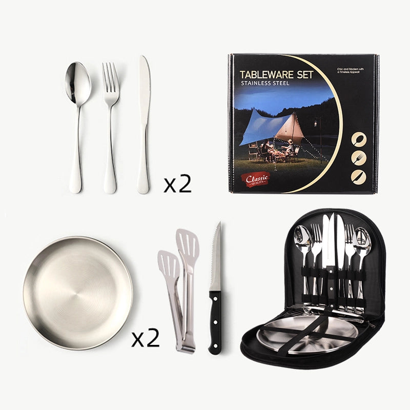 Outdoor Travel Stainless Steel Tableware Camping Picnic Barbecue Plate Clip Steak Knife. Fork And Spoon Suit Portable Storage Bag