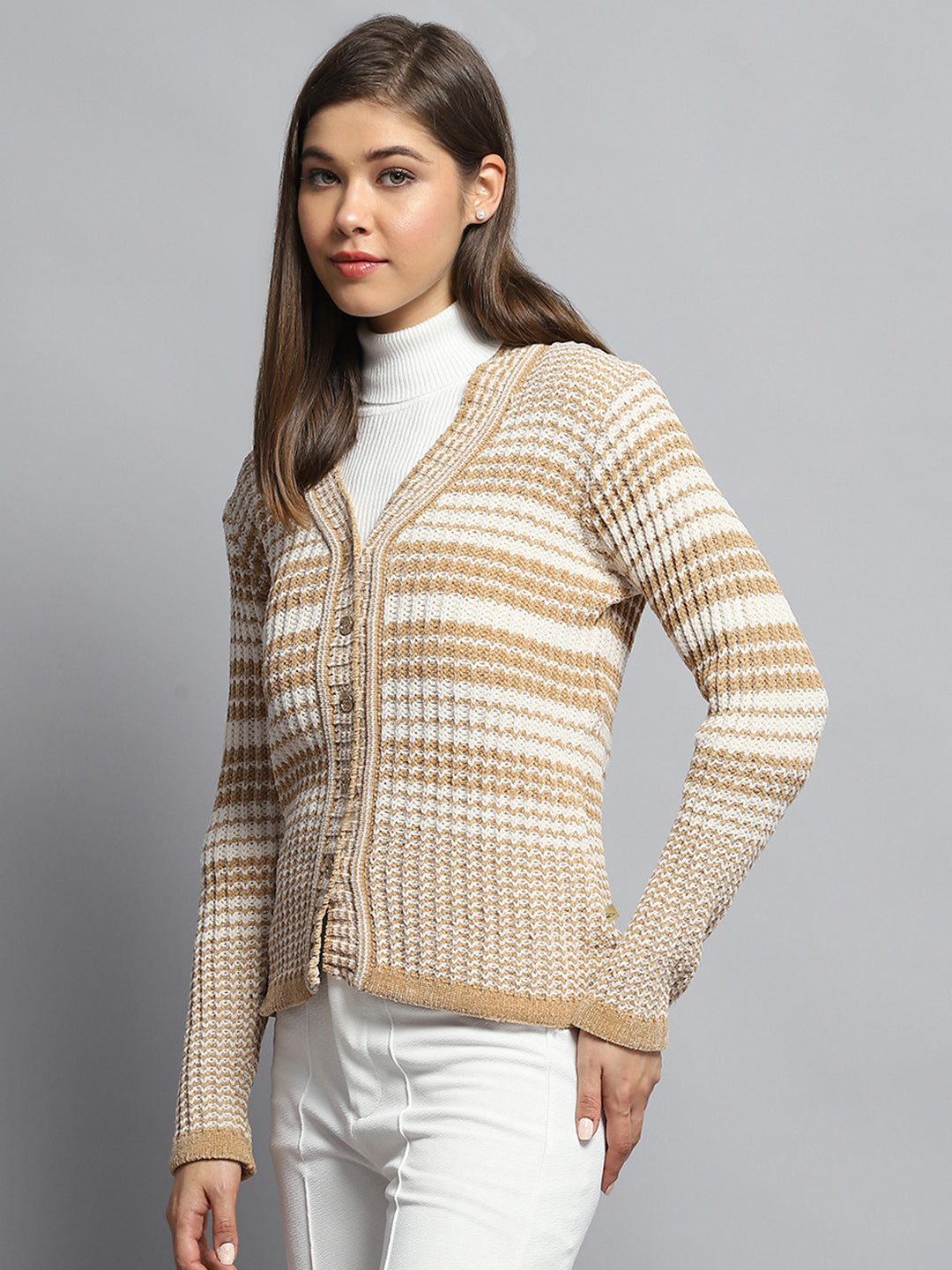 Women Beige Stripe V Neck Full Sleeve Cardigan