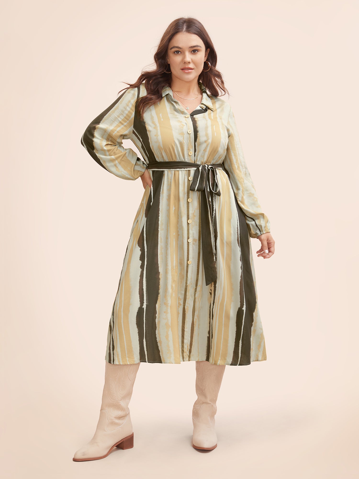 Shirt Collar Striped Pocket Belted Dress