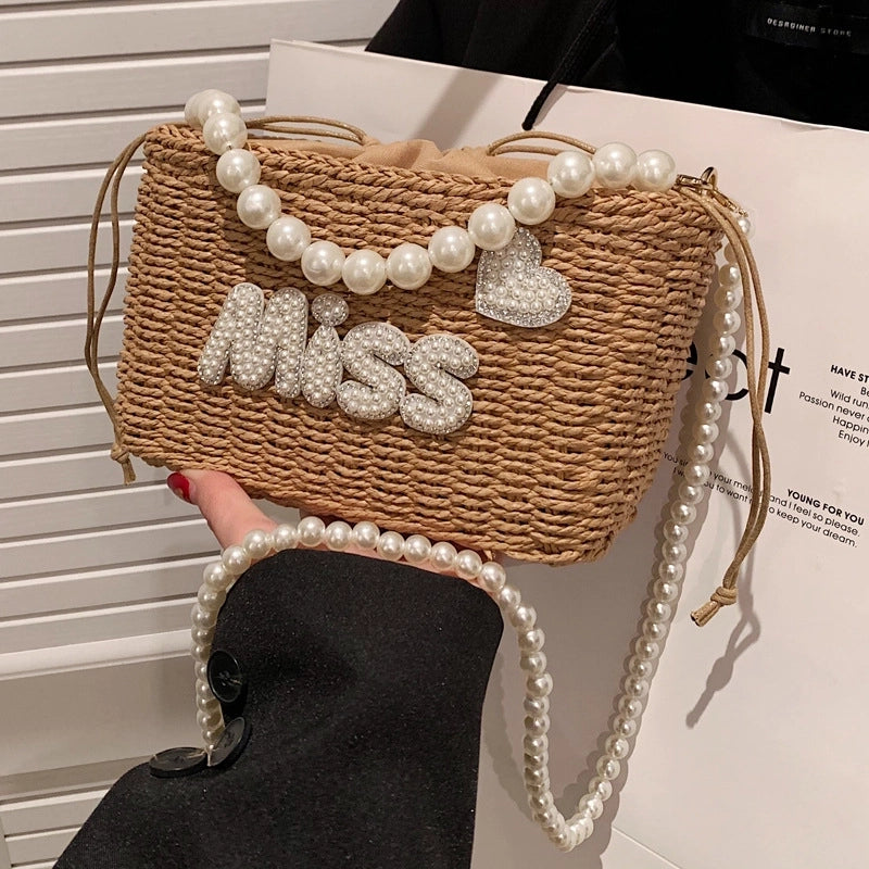 Women's Medium Straw Letter Solid Color Vacation Beach Beading Weave String Straw Bag