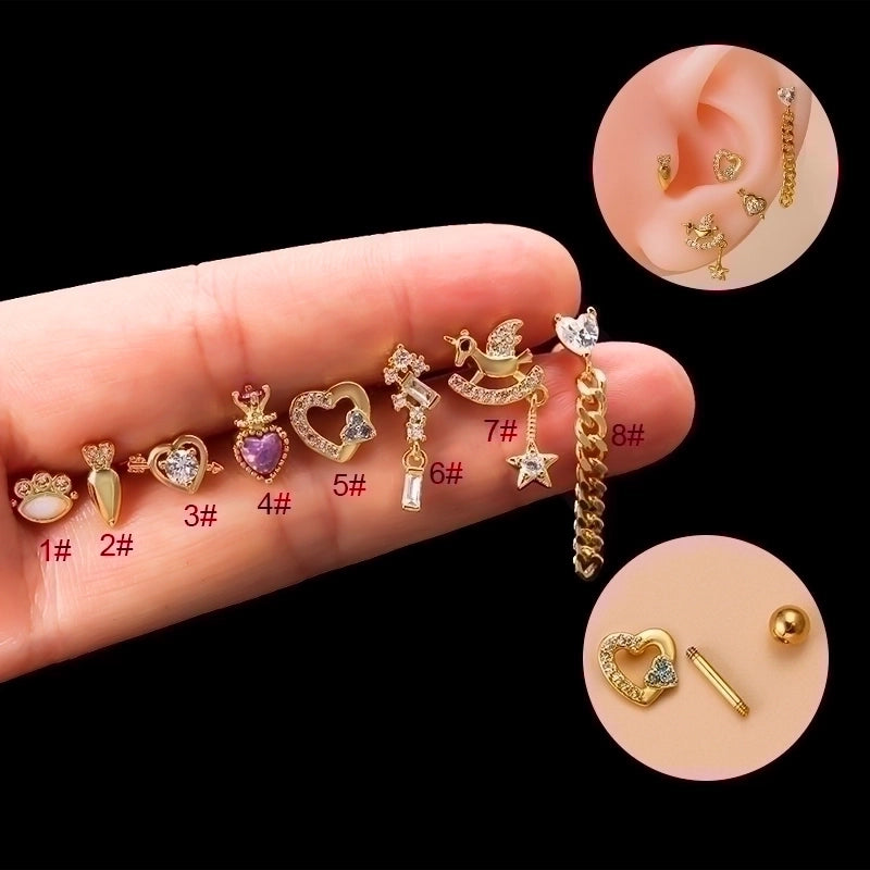 1 Piece Ear Cartilage Rings & Studs Fashion Pentagram Heart Shape 316L Stainless Steel  Copper Gold Plated Zircon