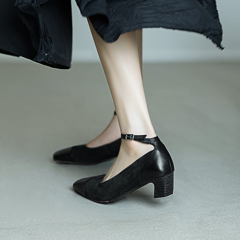 Elegant Washed Horsehide 45mm Block Heel Suede Mary Jane Shoes in Black/Red