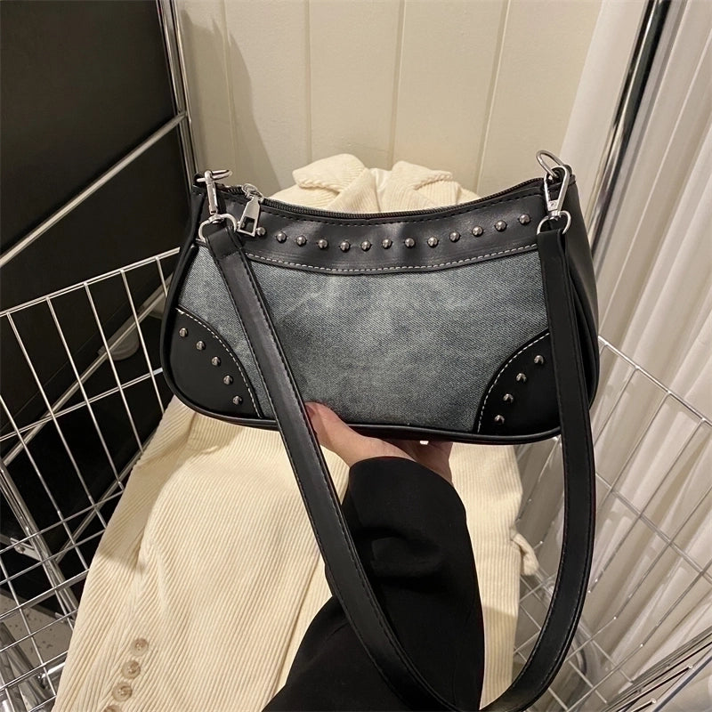 Women's Pu Leather Color Block Vintage Style Semicircle Zipper Shoulder Bag