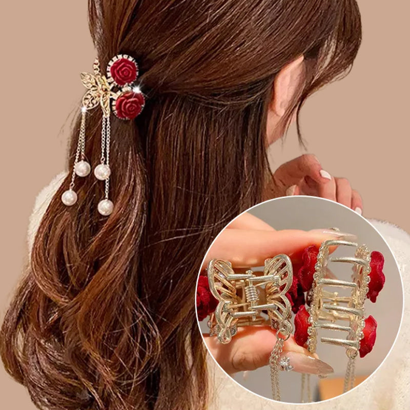 🌹Elegant Velvet Rose Hair Clip with Pearls✨