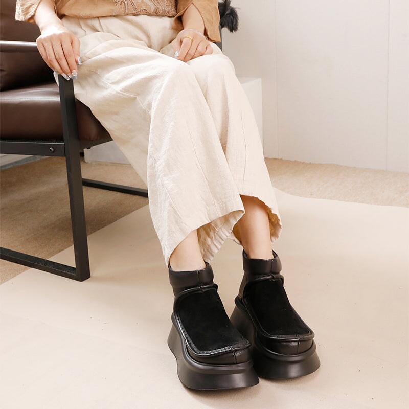 Retro Genuine Leather Platform Short Boots For Women Round Toe in Black/Brown
