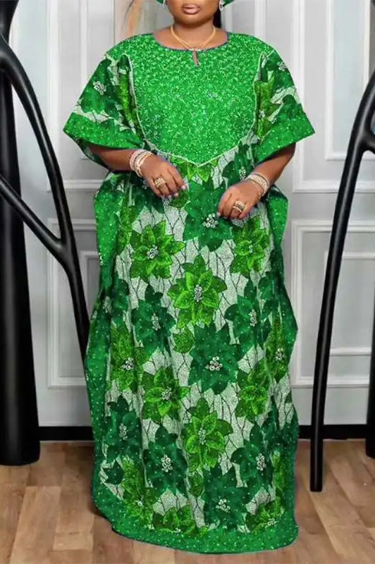 Vintage Casual Printed Bat-wing Sleeve Party Printed Loose Maxi Dress