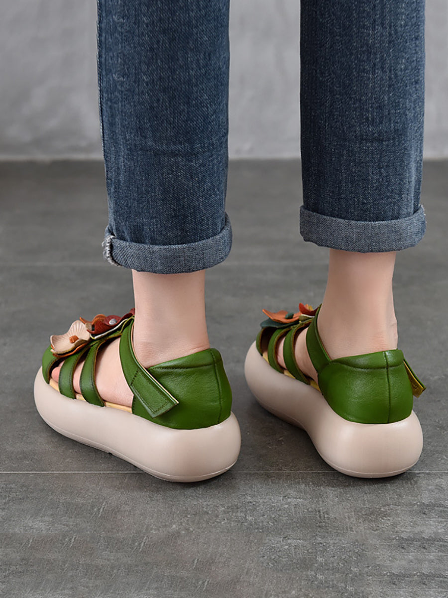 Women Summer Genuine Leather Flower Platform Sandals
