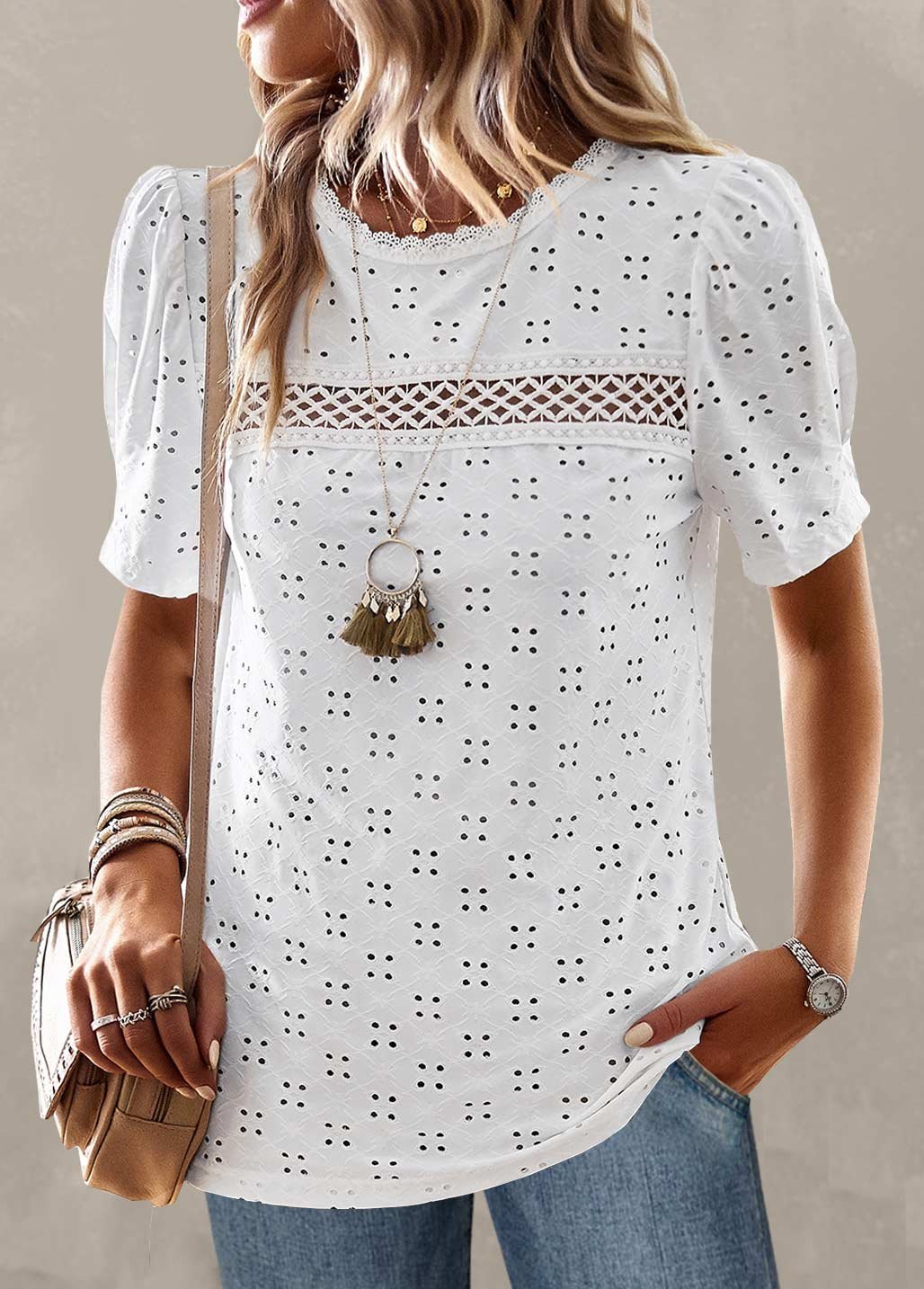 Women's Patchwork White Round Neck T Shirt