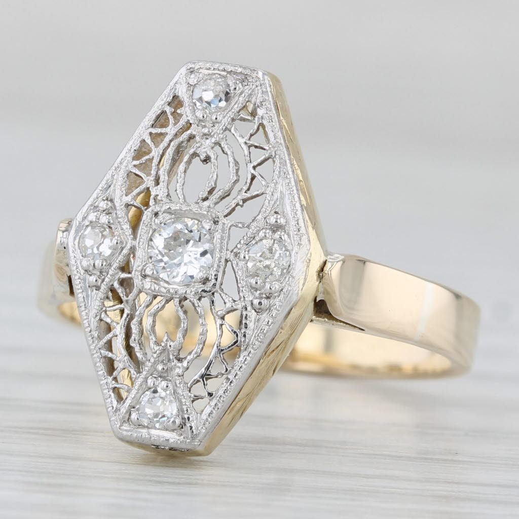 Vintage 0.13ctw Diamond Filigree Ring 14k Yellow Gold Platinum Size 7.75