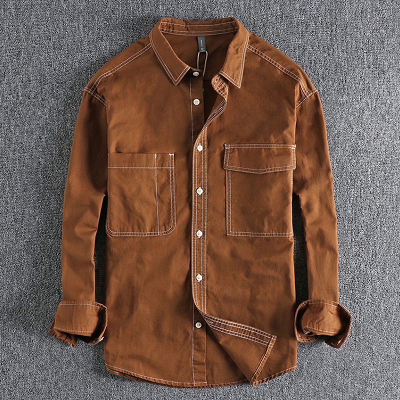 Vintage Cotton Single-Breasted Workwear Long-Sleeve Shirt