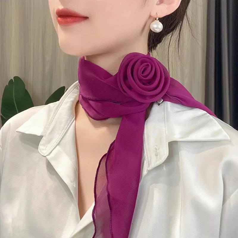 Women's Elegant Solid Color Flower Satin Silk Scarf