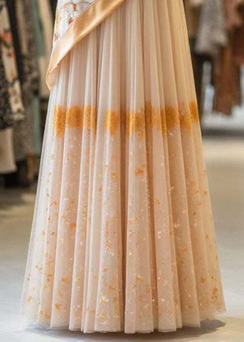 Classy Orange Print Wrinkled Patchwork False Two Pieces Tulle Skirt Summer