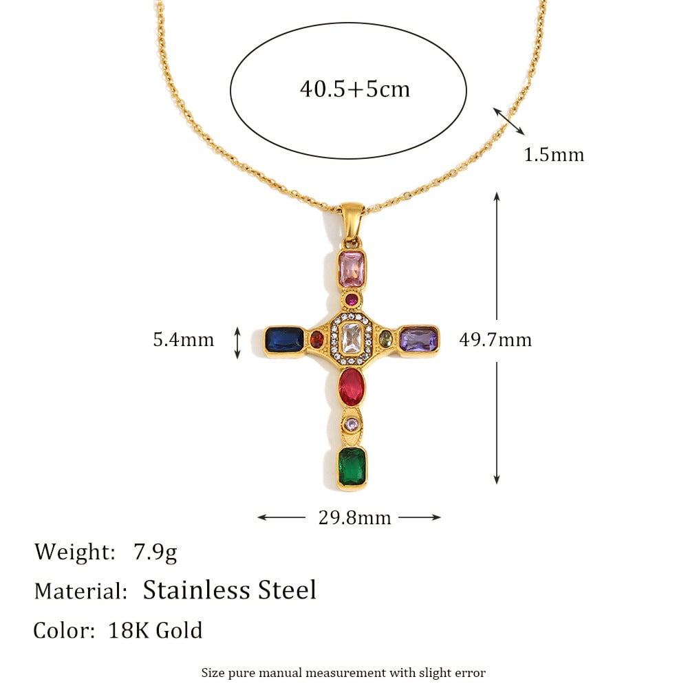 French Retro Cross Square Pendant Stainless Steel 18K Gold Plated Gemstone Love Flower Necklace